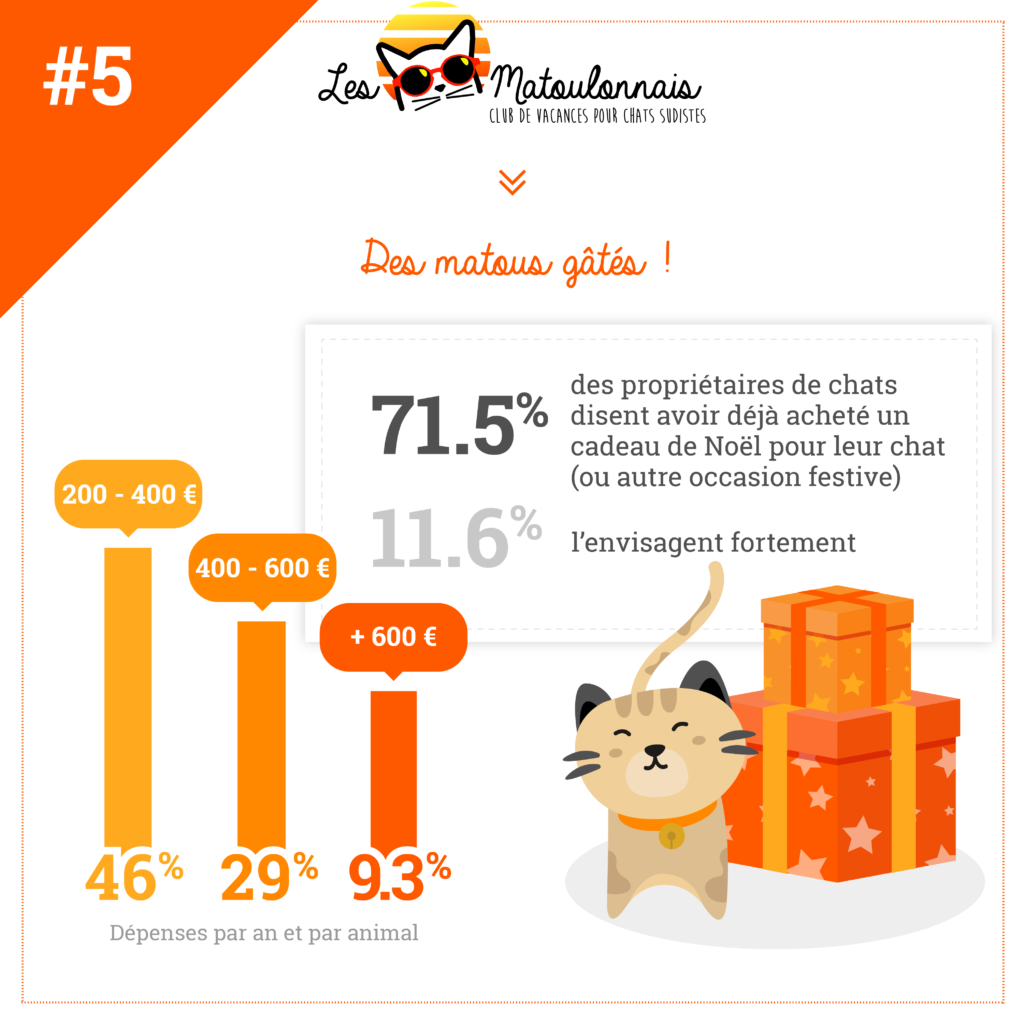 Infographie Les Français et leurs chats, le grand amour, partie 5, cette image illustre les pourcentages des dépenses des propriétaires pour leurs chats par an.